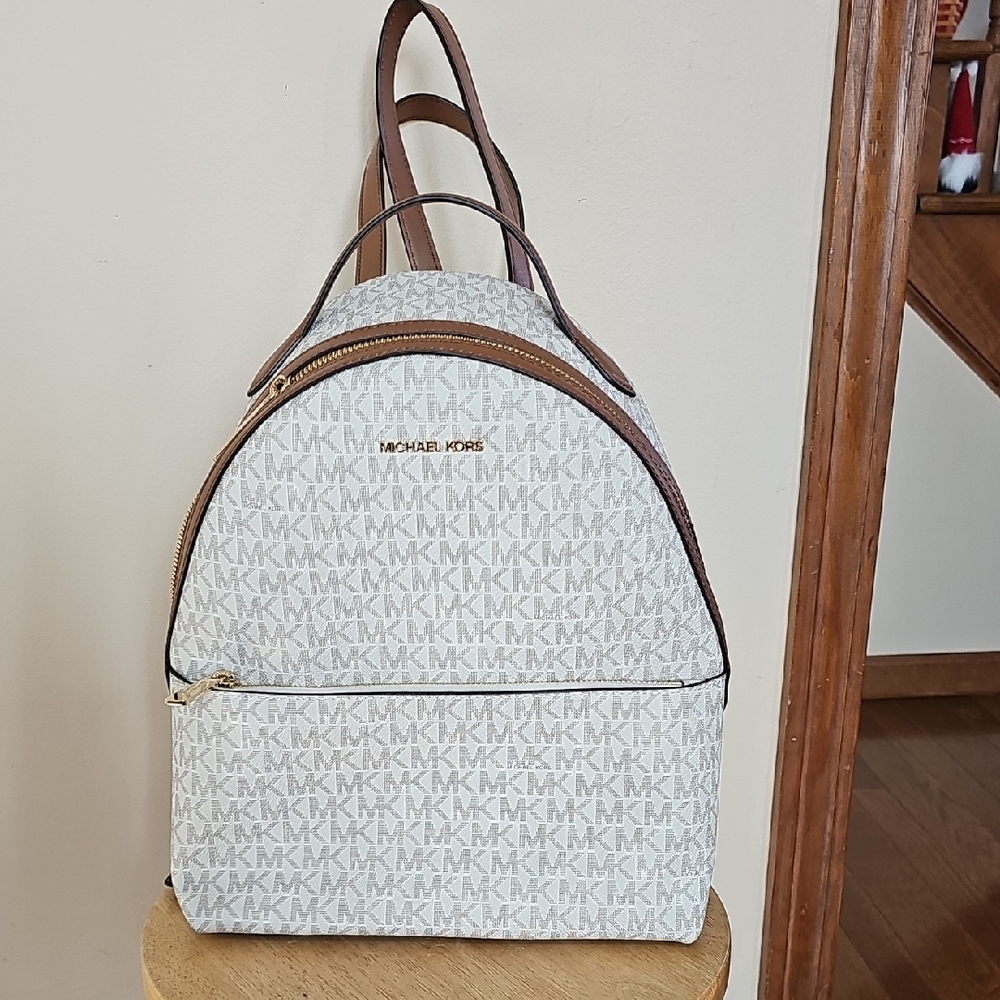 Michael Kors Cream and Brown Logo Backpack